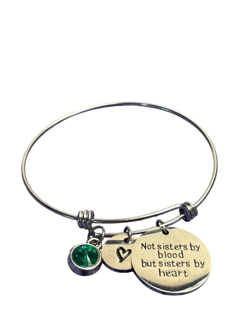 Silvertone Bangle Charm Bracelet Not Sisters by Blood But Sisters by Heart Green